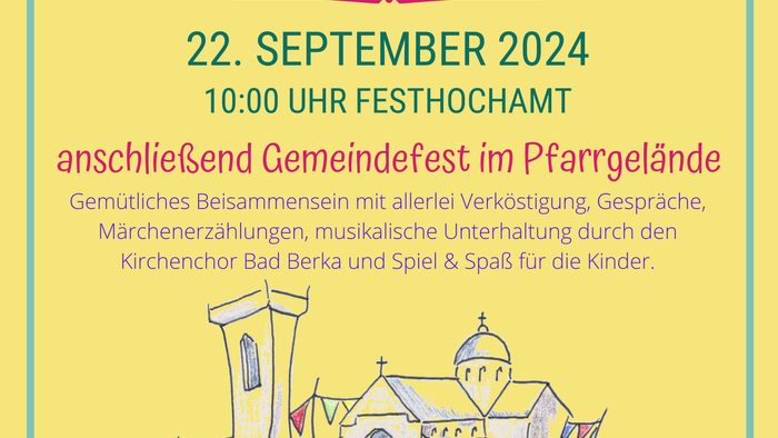Einladung zum Kirchweinfest am 22. September 2024 mit Festhochamt, Kirchweihgottesdienst und verschiedenen Aktivitäten.