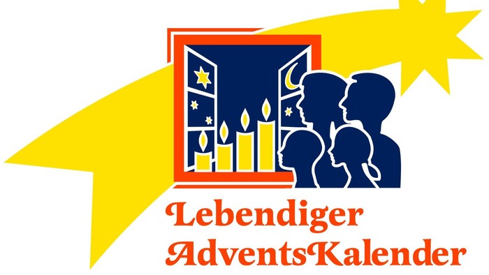 Logo für den Lebendigen Adventskalender: Eine Clipart-Datei mit einem Fenster, in dem 4 Kerzen stehen, einem Stern im Hintergrund und einer Familie im Vordergrund.