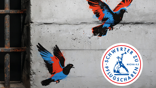 Rot-blaue Graffiti-Tauben auf Beton, Logo Schwerter zu Pflugscharen.