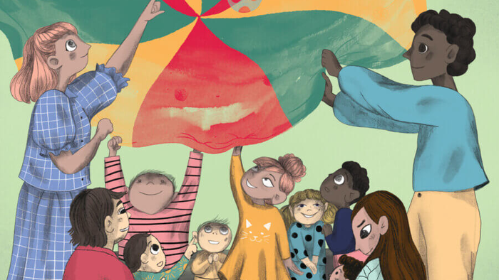 Børn og voksne laver fælles kunstprojekt med farver og former