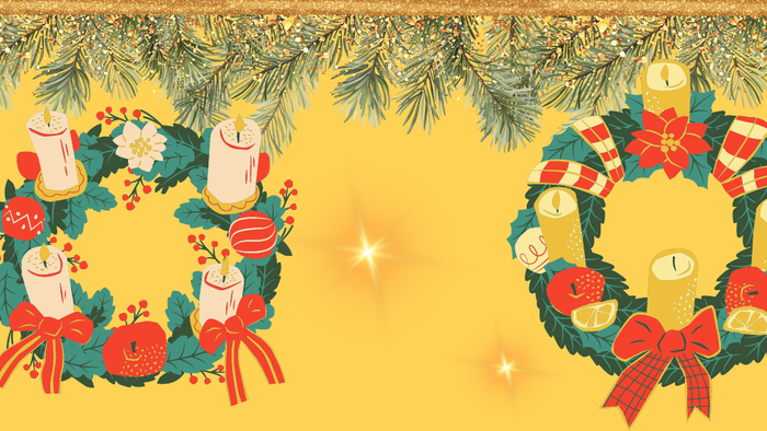 Zwei festliche Weihnachtskränze mit Kerzen und roten Schleifen vor gelbem Hintergrund