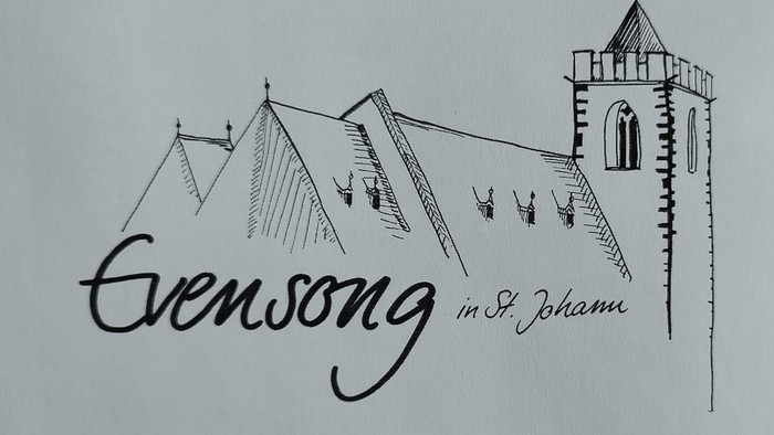 Schwarz-Weiß-Skizze einer Kirche mit der Beschriftung *„Evensong in St. Johann“*