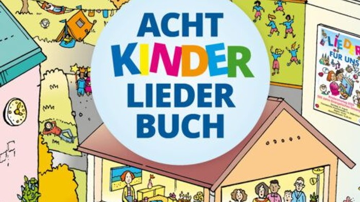 Kinderliederbuch-Cover mit farbenfroher Illustration einer lebendigen Gemeinschaftsszene und dem Titel „Acht Kinderlieder Buch“.