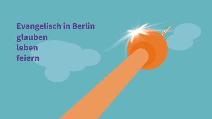 Ein Finger zeigt auf einen leuchtenden Punkt vor einem blauen Himmel mit Wolken, begleitet von Text in Lila