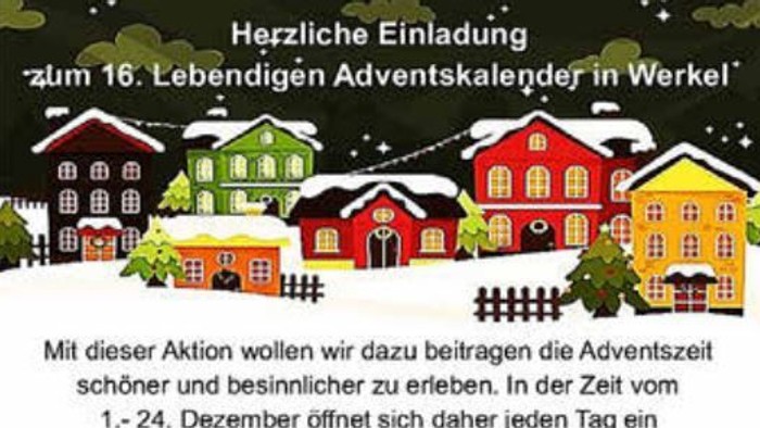 Das Bild zeigt einen festlichen Flyer mit Häusern und Text, der eine Veranstaltung zu einem Adventskalender beschreibt.