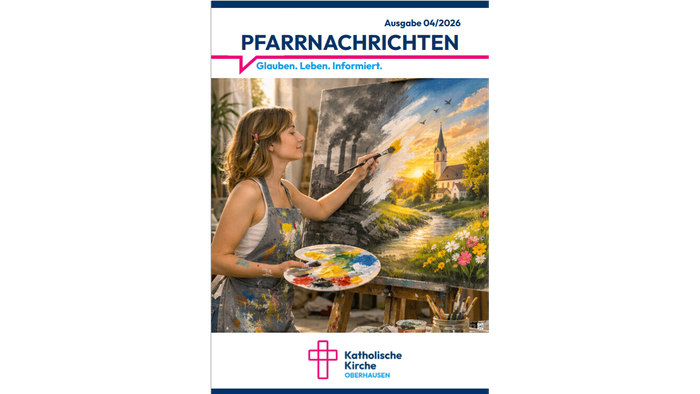 Titelblatt eines katholischen Pfarrbriefs mit dem Namen „Pfarrnachrichten“, das einen Künstler zeigt, der eine friedvolle Landschaft malt.