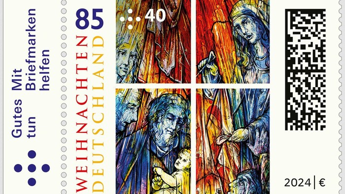 Deutsche Weihnachtsbriefmarkenserie mit religiösen Kunstmotiven und dem Aufdruck „Gutes tun“ sowie Spendenwerten.
