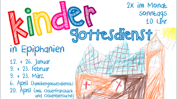 Kinderkirchengottesdienst-Plan mit Terminen und einer farbenfrohen Kirchenzeichnung zu Epiphanias.