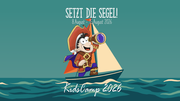 Bunte Segel-Themen-KidsCamp 2024-Banner mit einer fröhlichen Figur und einem Segelboot auf Meereswellen.