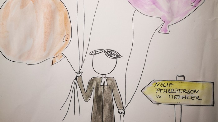 Neue Pfarrperson in Methler gesucht: das Bild zeigt eine gezeichnete Person im Talar aber noch ohne Gesicht