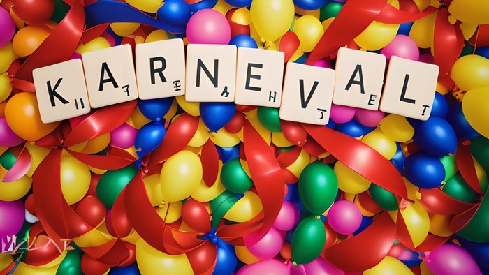 Bunte Ballons mit Scrabble Steinen, die "KARNEVAL" bilden