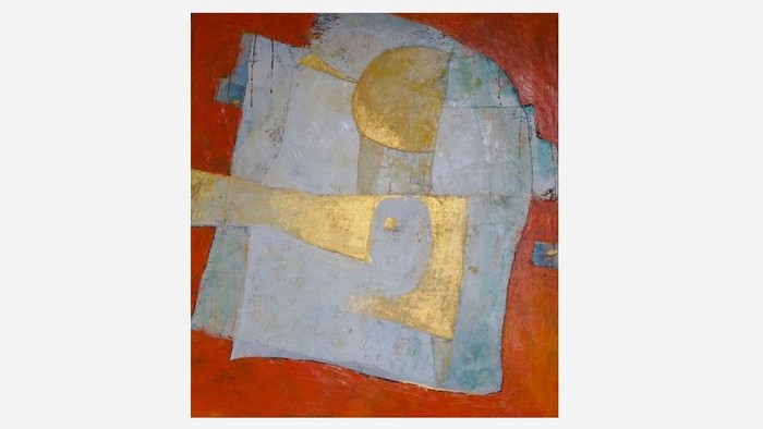 Abstraktes geometrisches Gemälde mit kräftigen gelben, blauen und orangen Formen auf strukturiertem Hintergrund.