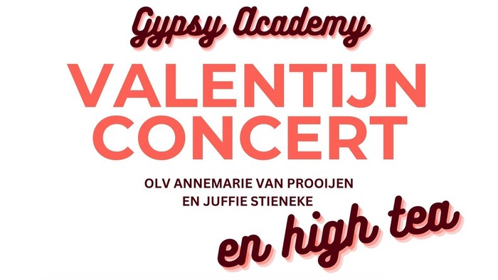 Plakat der Gypsy Academy zum Valentinstagskonzert mit High Tea am 8. Februar 2026 in Den Haag.