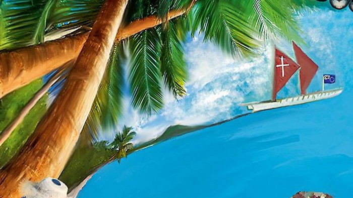 Bunte tropische Szene mit drei Frauen in traditioneller Kleidung unter einem Blumenbaldachin