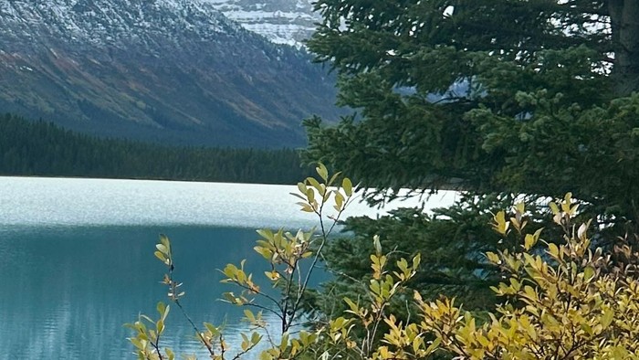 Ein Bergsee unter einem bewölkten Himmel, umgeben von Bäumen und Bergen