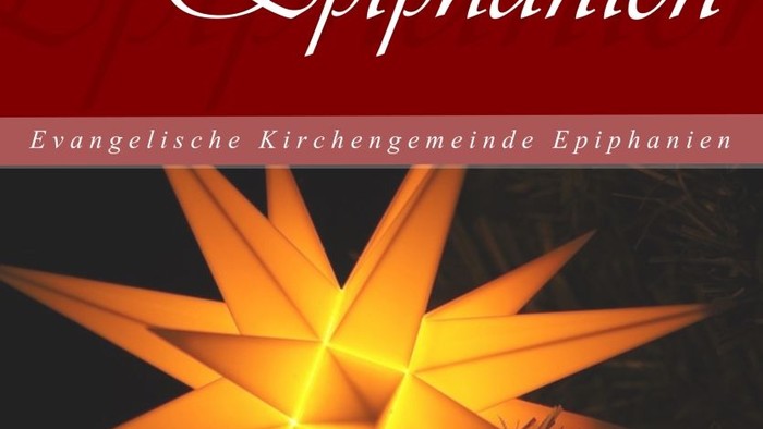 Weihnachtliches Plakat für die Evangelische Kirchengemeinde Epiphanien mit einem leuchtenden Stern und Text zur Weihnachtszeit.