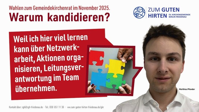 Ein Porträtbild einer Person, die dazu aufruft, für die Wahlen zum Gemeindekirchenrat zu kandidieren.