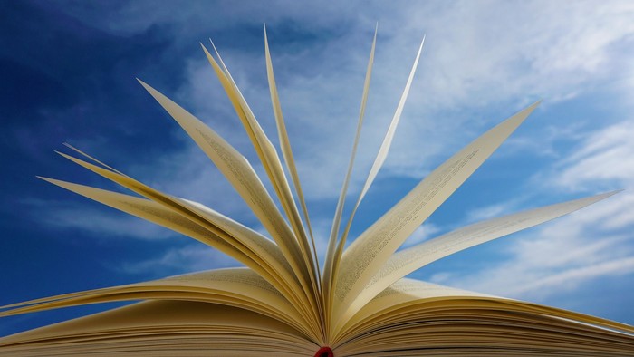 Offenes Buch vor blauem Himmel