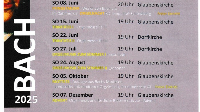 Das Bild zeigt ein Konzertprogramm von Bach für das Jahr 2023 mit verschiedenen Terminen und Orten.