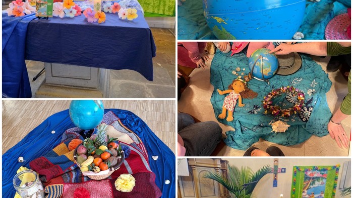 Eine Collage aus Bildern, die einen festlich gedeckten Tisch mit blauer Tischdecke, bunten Blumen und verschiedenen Gegenständen zeigt, darunter eine große blaue Vase, eine Puppe und ein Tischläufer mit tropischen Motiven.