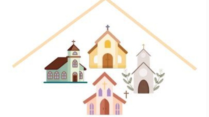 Drei verschiedene Kirchen unter einem Dach dargestellt