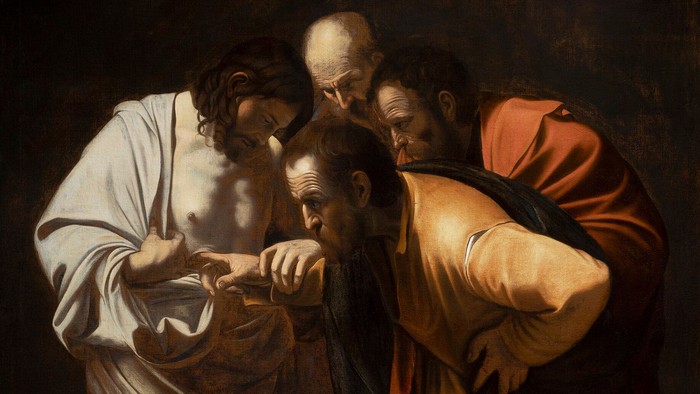 Das Bild zeigt eine Gruppe von Männern in einer intimen Umarmung, gemalt im dunklen, dramatischen Stil.