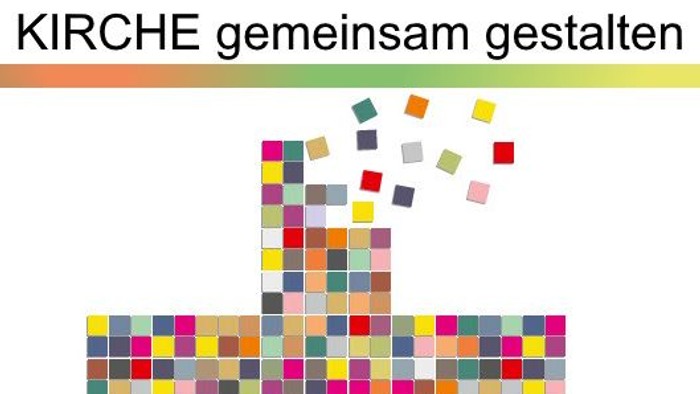 Buntes Kreuz aus kleinen Quadraten mit Text oben