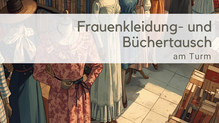 Historische Frauenkleider im Retrostyle gemalt auf Kleidungspuppen links, rechts stehen Bücher auf einem Tisch