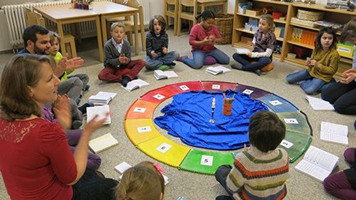 Eine Gruppe von Kindern sitzt im Kreis auf dem Boden und spielt ein Spiel.