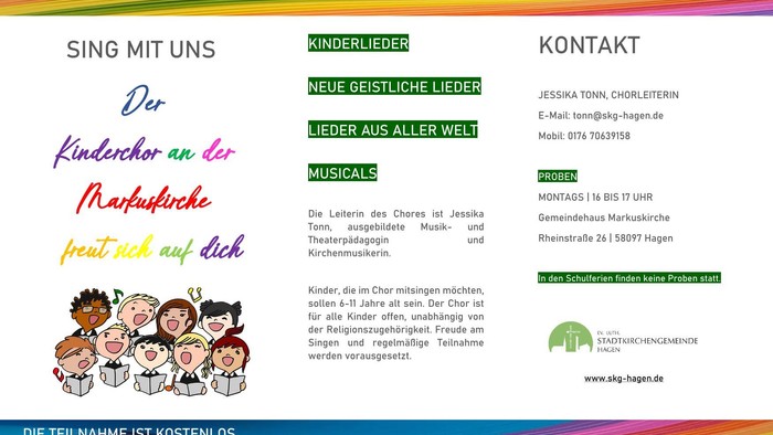 Broschüre für Kinderchor mit Kontaktinformationen und Neuigkeiten