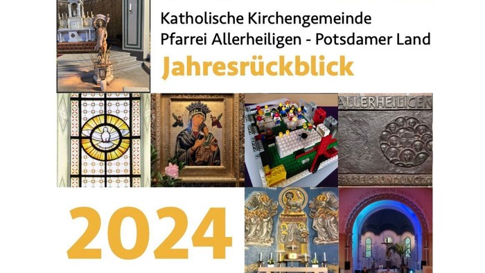 Collage mit Motiven aus der Pfarrei Allerheiligen, Potsdamer Land, mit Schriftzug 