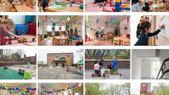 Eine lebendige Collage aus frühkindlichen Klassenzimmern und Außenbereichen zum Spielen mit aktiven Kindern.