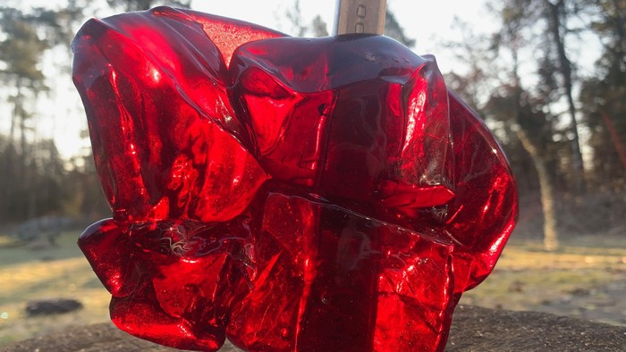 Ein roter Kristall auf einem Holzstamm im Freien