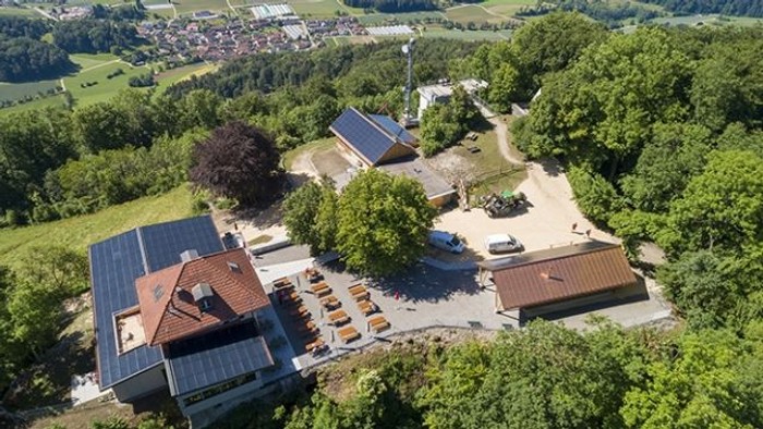 Ein modernes Haus inmitten von Bäumen und Grünflächen, umgeben von einem Waldgebiet.