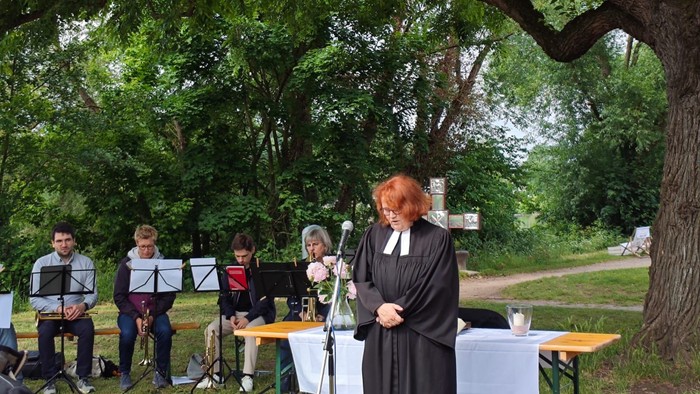 Musiker treten im Freien unter einem großen Baum auf.
