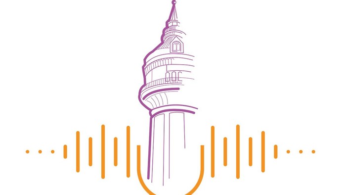 Logo des Lok:in Podcasts: Der Lokstedter Wasserturm in einem Mikrofonhalter.