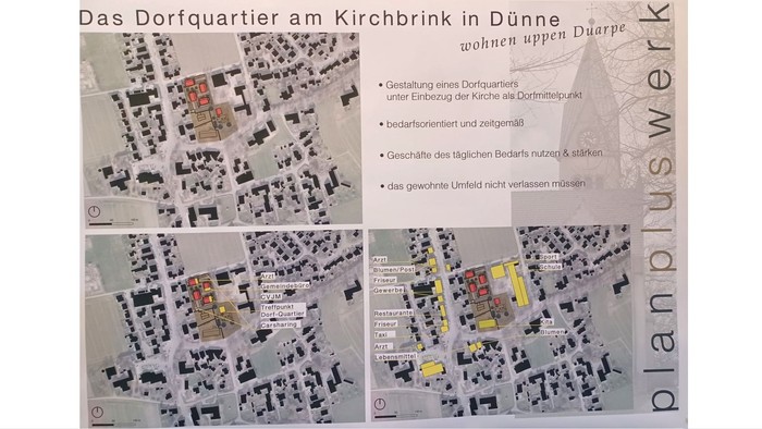 Das Bild zeigt vier Quartierpläne für Kirchbrink in Düren mit verschiedenen Entwicklungsoptionen.