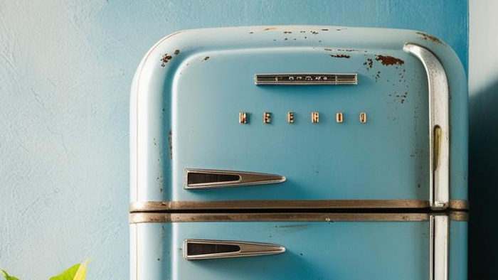 Vintage-blauer Kühlschrank mit rostigem Metall und „Frigidaire“-Branding, der Abnutzung und Charme zeigt.
