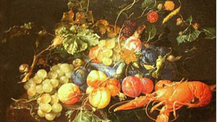 Abstrakte und realistische Gemälde nebeneinander: das eine lebendig expressiv mit kräftigen Farben, das andere ein detailliertes Stillleben mit Früchten und Meeresfrüchten.