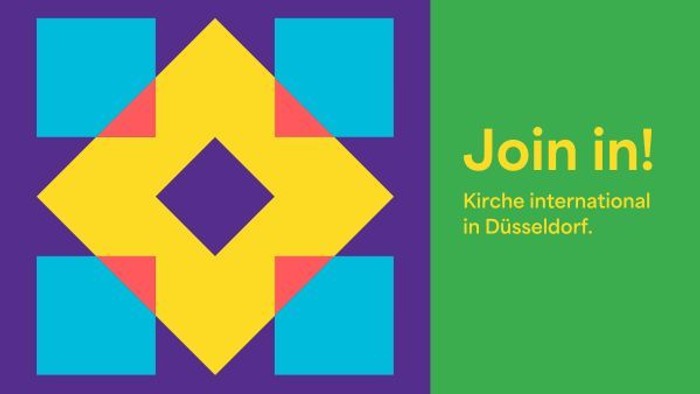 Buntes Design mit dem Aufruf, bei der internationalen Kirche in Düsseldorf mitzumachen