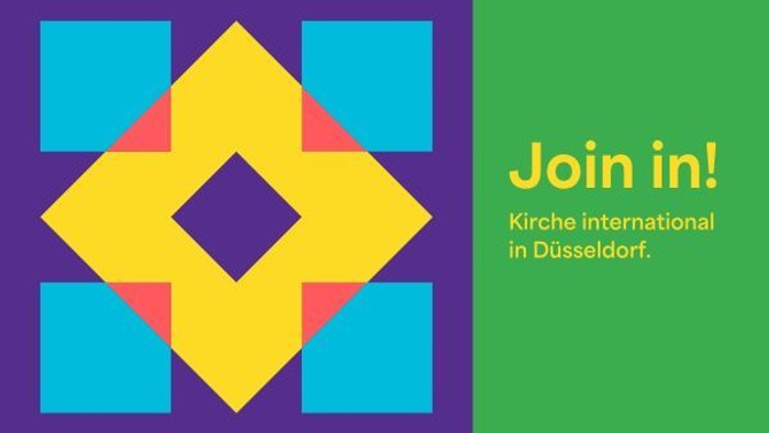 Buntes Design mit dem Aufruf, bei der internationalen Kirche in Düsseldorf mitzumachen