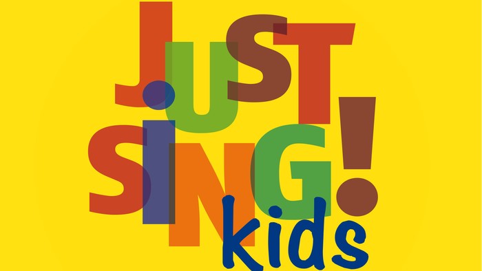 Bunter Text 'Just sing! Kids' auf gelbem Hintergrund