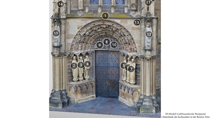 Gothischer Kirchenportal mit detaillierten Steinmetzarbeiten und farbigem Buntglasfenster