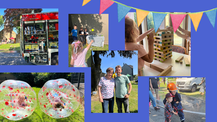 Das Bild is eine Zusammenstellung von Momentaufnahmen des Kinderfestes 2025 in Bodelschwingh. Zu sehen ist die Schlosskirche Bodelschwingh mit einem Feuerwehrwagen davor, die Küsterin Ilona Gwosdzd mit dem Jugendreferent Werner Kelp sowie Kinder bei versc