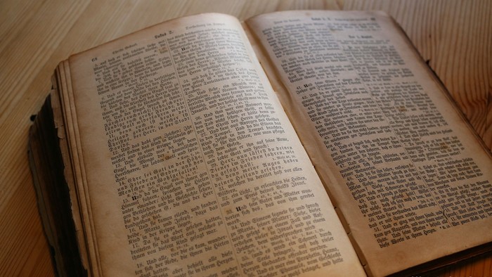 Ein offenes Wörterbuch mit Seiten, die mit detaillierten alphabetischen Einträgen gefüllt sind, auf einer hölzernen Oberfläche.