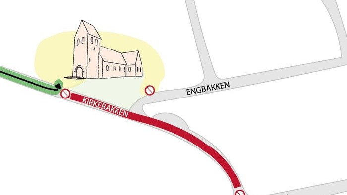 Kort over kirkevej med kirke og vejnavne
