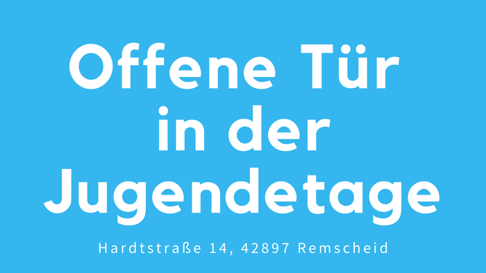 Einladungsplakat für „Open Door“-Veranstaltungen in der Jugendetage Remscheid mit detailliertem Programm für Jugendliche und Kinder am Mittwoch und Freitag.