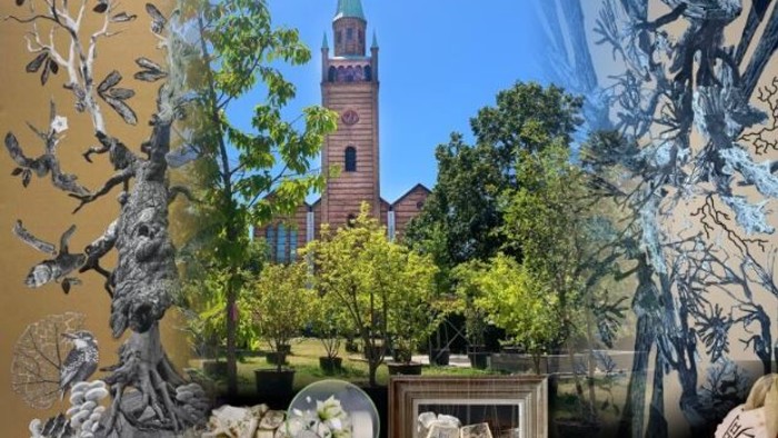 Fotomontage mit der St. Matthäuskirche im Hintergrund und einem Maulbeerbaum im Vordergrund