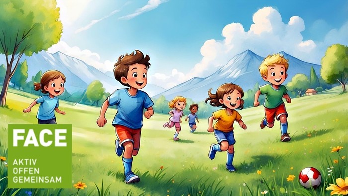 Kinder spielen Ball auf einer Wiese mit Bergen im Hintergrund