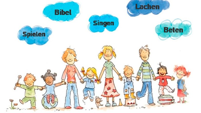 Zeichentrick-Kinder und Erwachsene mit Aktivitätswolken.